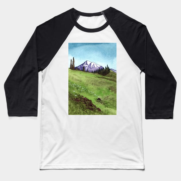 Alpine Meadow Mount Rainier Baseball T-Shirt by TursiArt